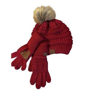C. C. Exclusives Womens OS Knitted Tobaggan Pom Pom & Glove Set Burgundy Red